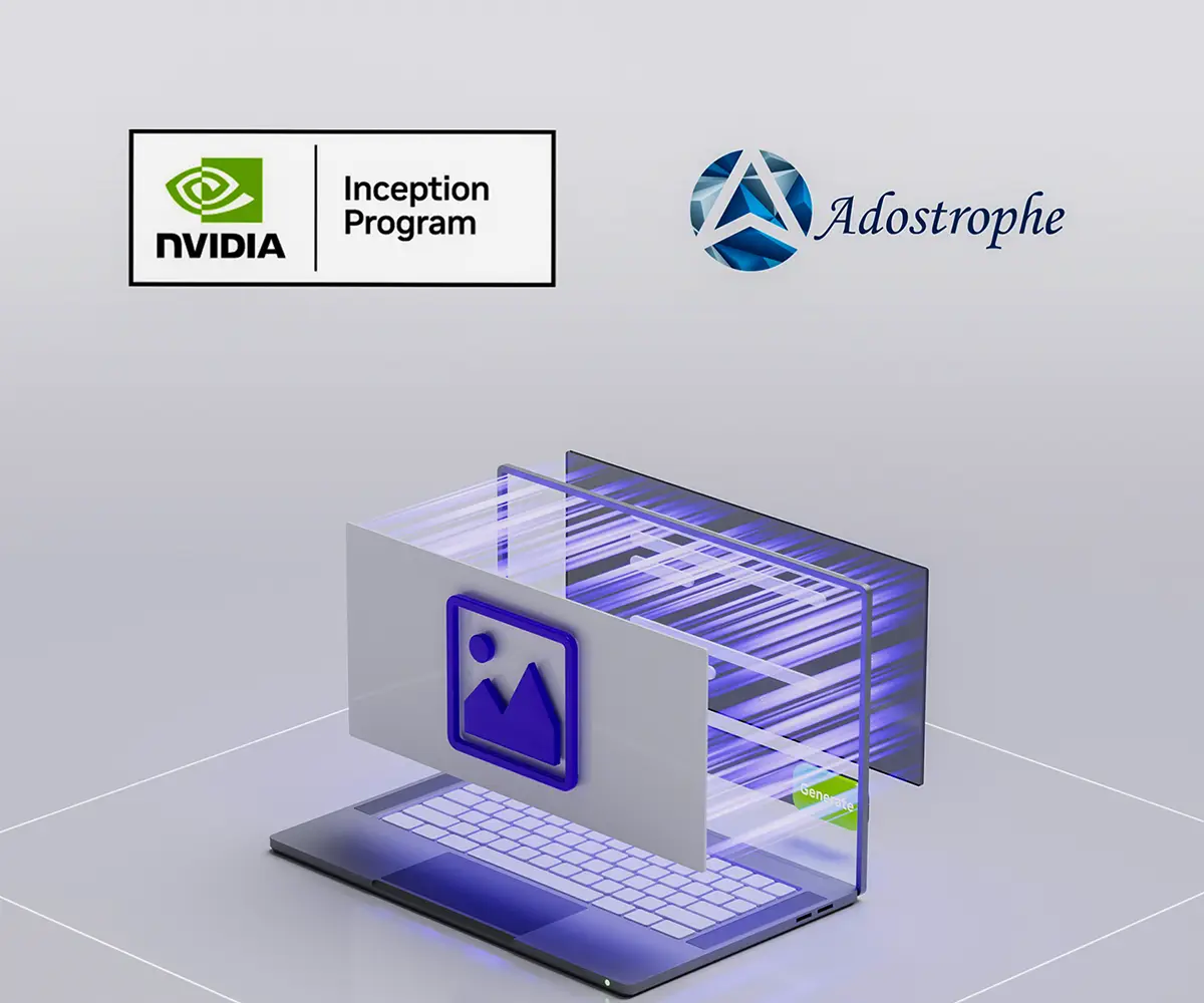 The Adostrophe logo and NVIDIA Inception Program Member logo displayed together on a tech-themed background.
