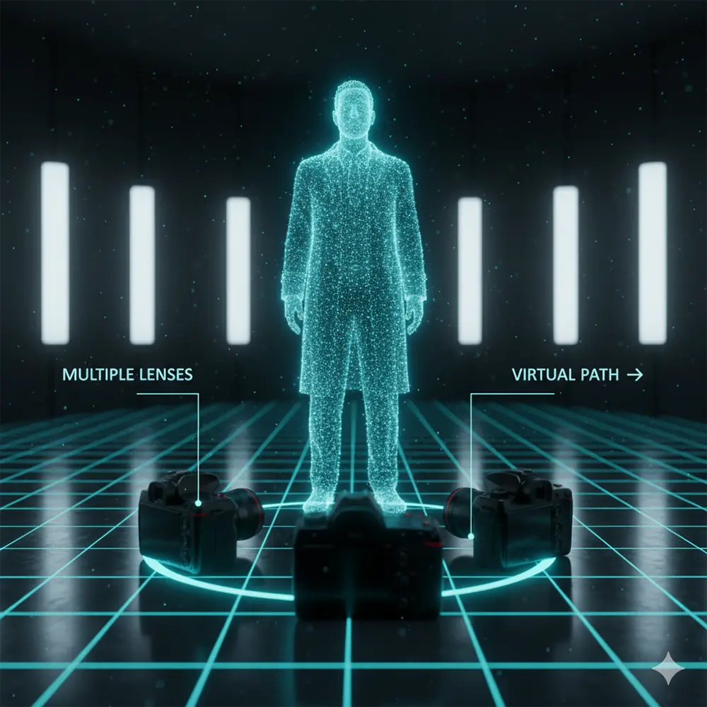 A 3D render showing a hologram and multiple cameras to illustrate the 'bullet time' effect.