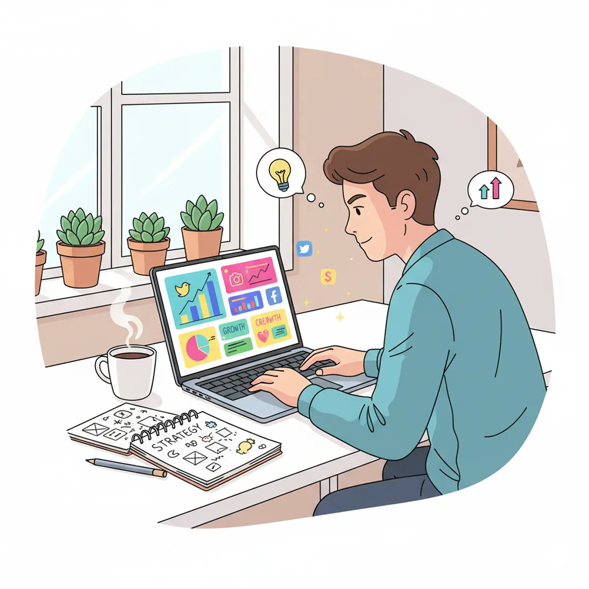 A young person at a desk planning a digital marketing strategy.