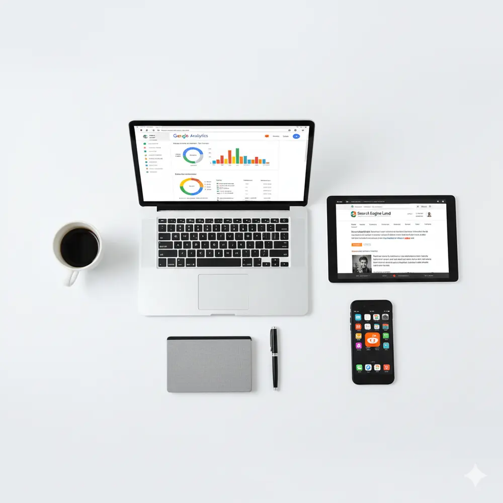 A modern desk with a laptop, tablet, and smartphone displaying various digital marketing news websites.