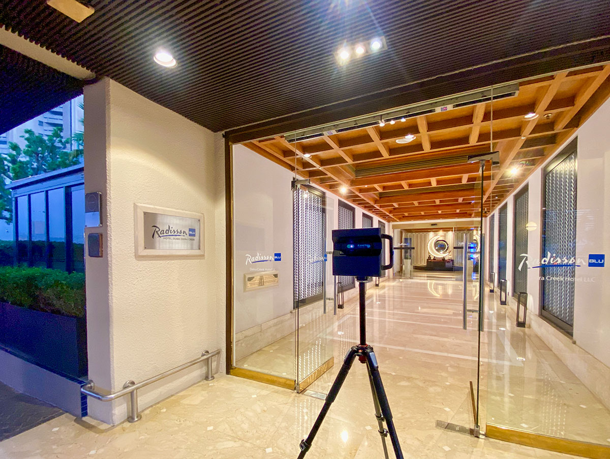 Matterport camera at the Radisson foyer entrance.