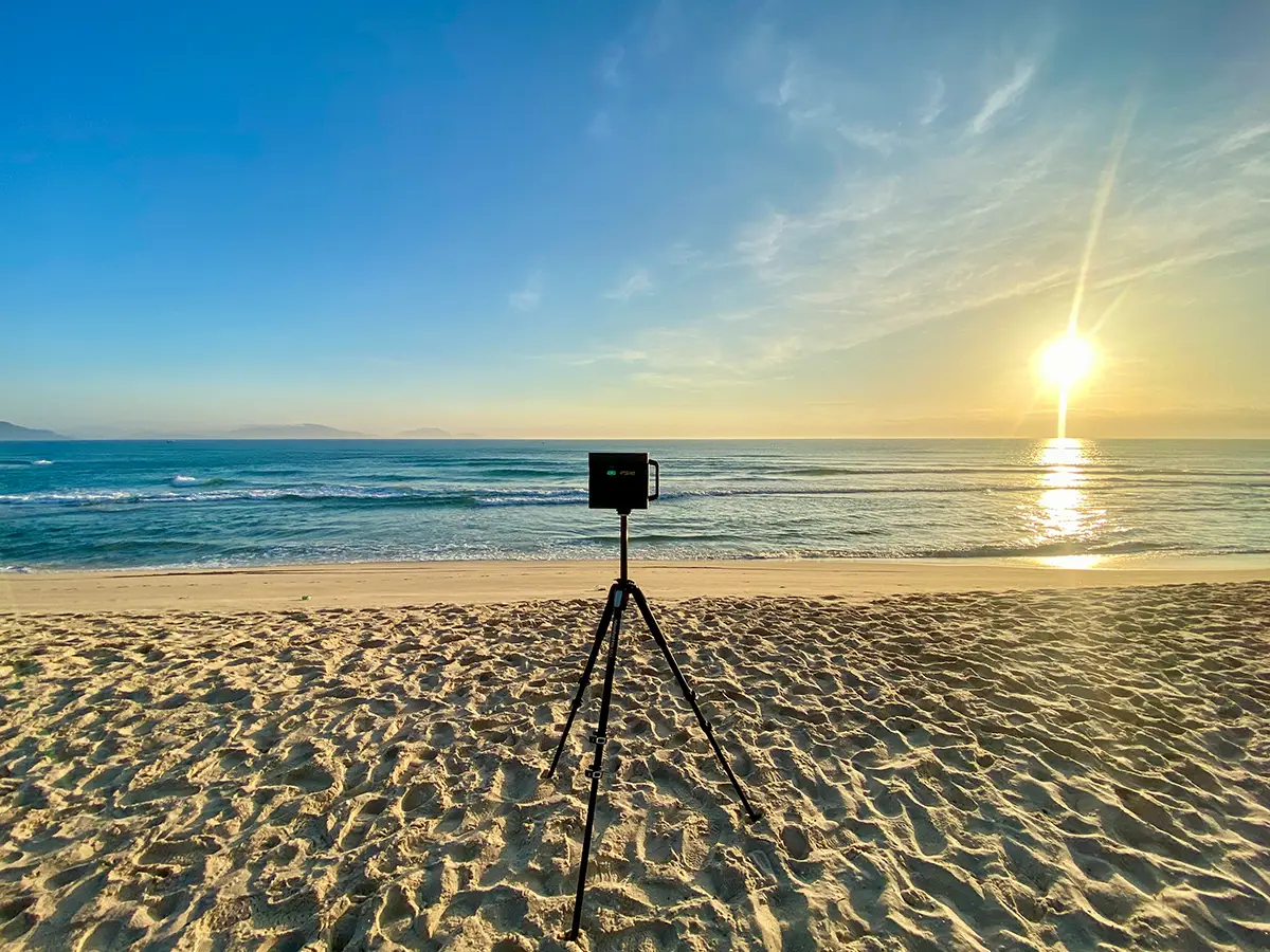 The Matterport professional scanner at a beach.