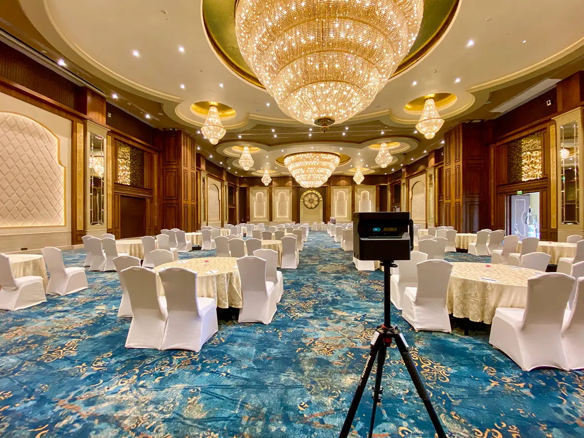 Large conference room arranged for a corporate event.