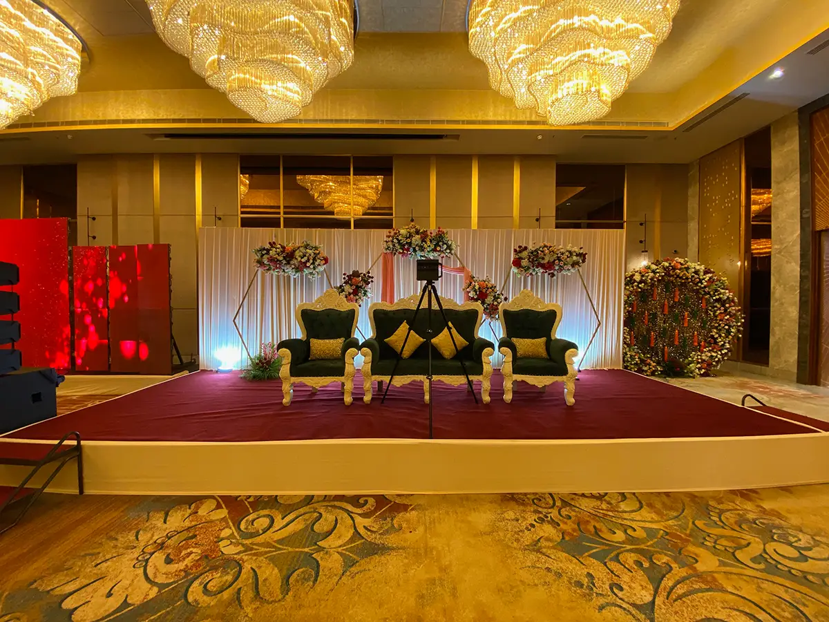 Elegantly decorated ballroom for a wedding reception.