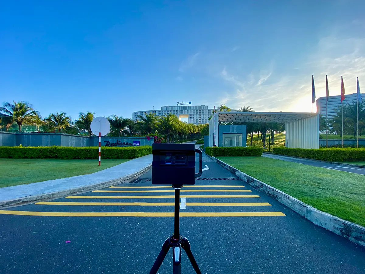 The Matterport Pro 2 3D camera positioned for a virtual tour scan at the Radisson Blu Resort Cam Ranh.