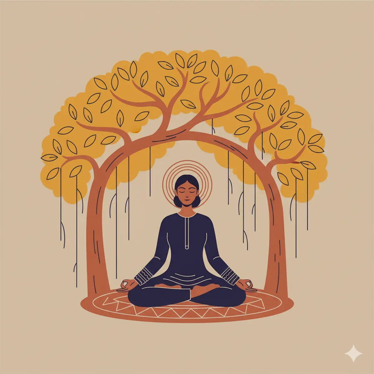 An illustration in a modern Indian folk-art style, showing a person in meditation under a Banyan tree, symbolizing the search for peace and mental well-being.