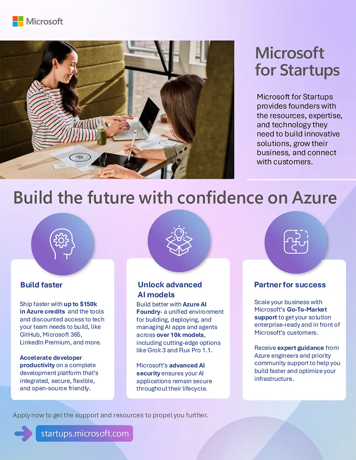 Promotional banner for the Microsoft for Startups Founders Hub program showing diverse founders and technology.