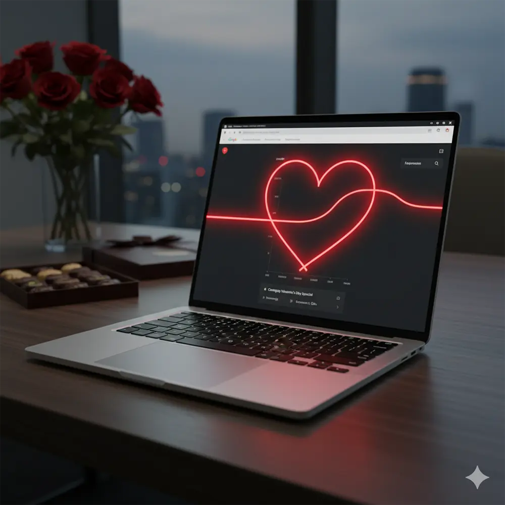 A Google Ads interface with Valentine's Day themed keywords and imagery.