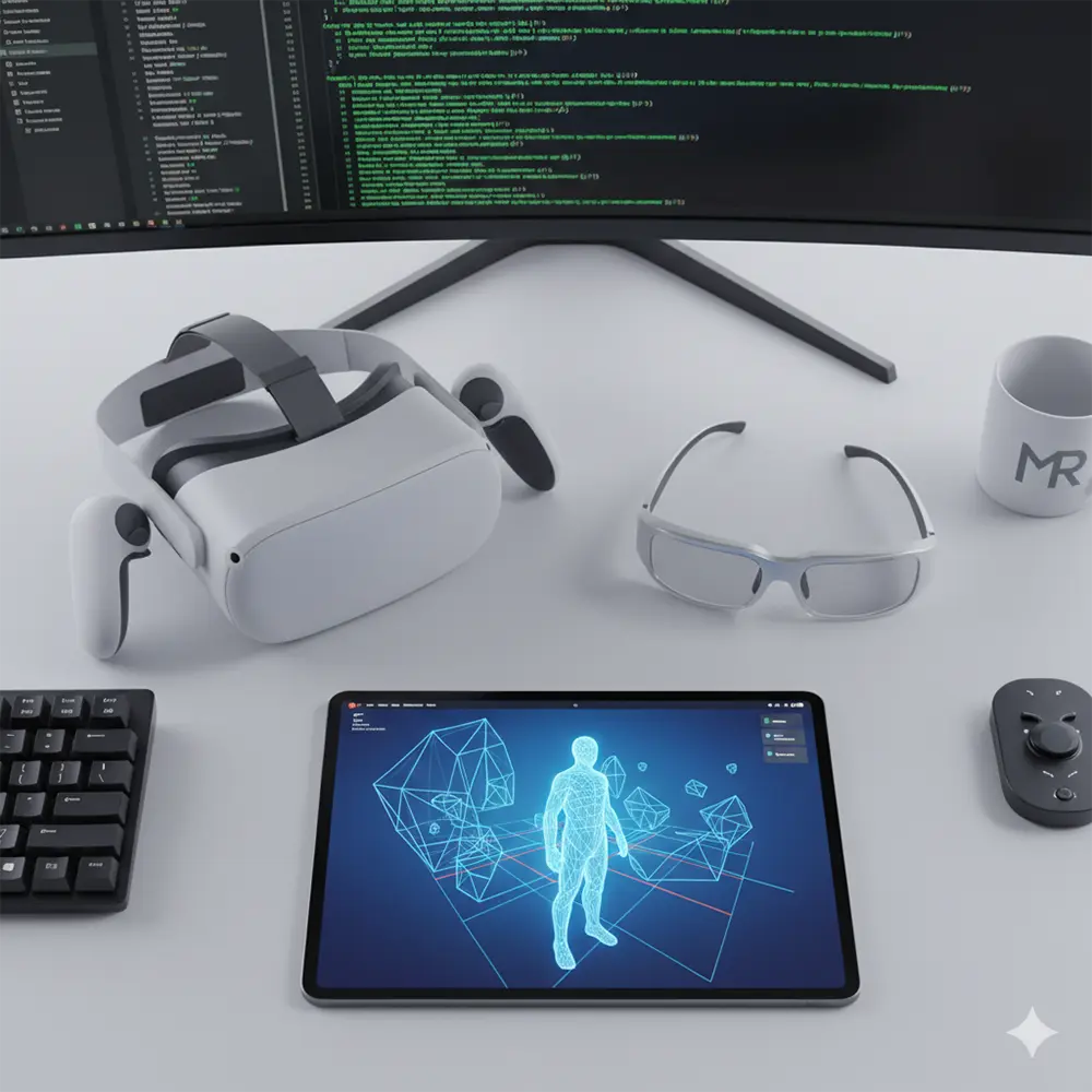 A person wearing a VR headset, with various logos of AR/VR companies floating around them.