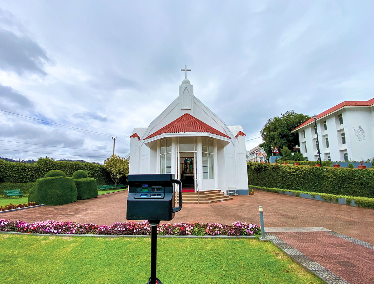 Exterior spatial capture of the Chapel at Good Shepherd, Ooty.