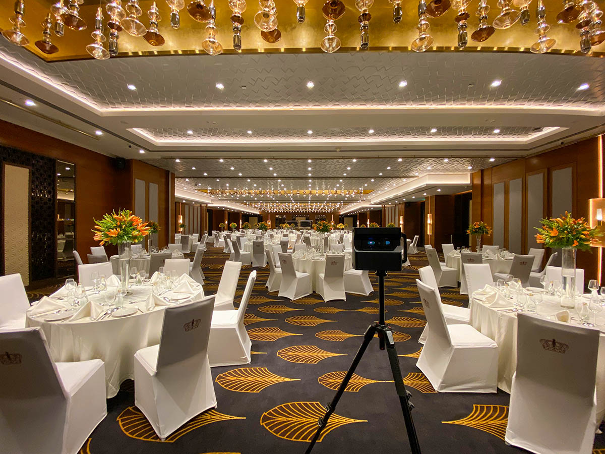 A beautifully decorated wedding reception hall in India, ready for guests